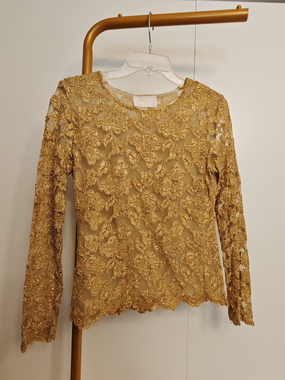 Dainty Gold Lace Sheer Novelty Y2K Long Sleeve Top Metallic Blouse Size Large - Picture 2 of 7
